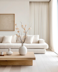 Wall Mural - Vase with blossom twig on wooden coffee table near white sofa with pillows against window. Minimalist scandinavian home interior design of modern living room.