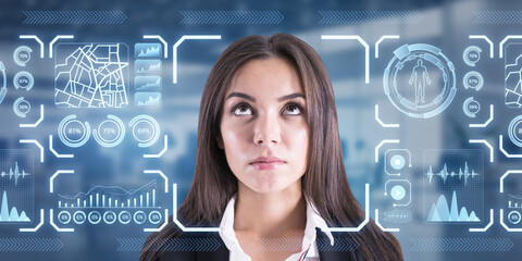 Aufkleber - Portrait of attractive thoughtful businesswoman with glowing face recognition hologram on blurry office interior background. Scanning and personal safety concept.