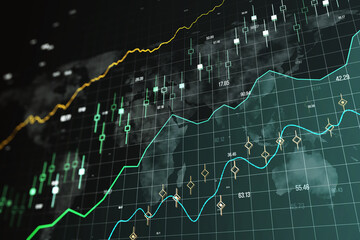 Poster - Creative glowing forex chart and grid on blurry background. Stock, financial growth and trade concept. 3D Rendering.