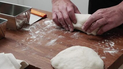 Wall Mural - The cook hands form the dough and place it in the pan. the cook kneads the dough.