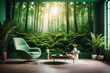 Einrichtungsidee veranschaulicht die Wirkung von Fototapeten. Ein grüner Sessel steht vor einer Wand mit einer wunderschönen Waldtapete im Hintergrund.