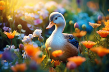 View Of A Duck Among Colorful Flowers