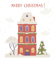  Merry Christmas greeting card with cute snowy house with Christmas decorations flat vector illustration.