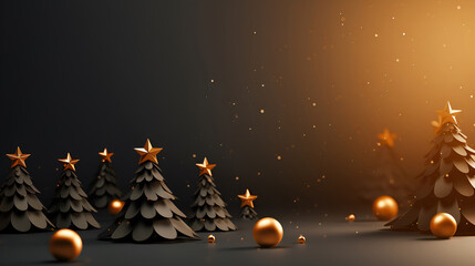 Wall Mural - Christmas monochrome in emerald color greeting with paper origami design of Christmas trees with golden decorative elements and copy space. Green Merry Christmas and Happy New Year greeting card.