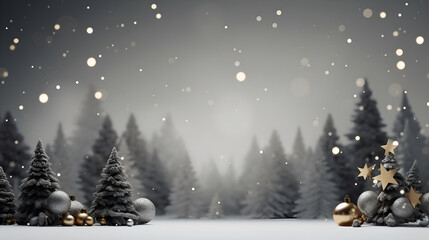 Wall Mural - Depressive Christmas and New Year background in black and white colors. Gray Christmas trees on a snowy forest and Christmas golden decorations on a sad bokeh background with copy space for text.