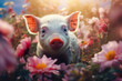 view of a pig among colorful flowers