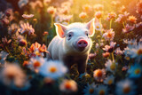 Fototapeta  - view of a pig among colorful flowers