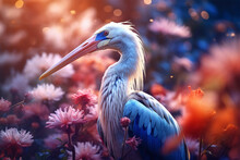 View Of A Stork Among Colorful Flowers