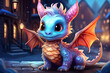 proud baby dragon in the city, magical fantasy scene