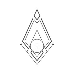 Poster - Geometric boho tattoo. Esoteric outline ornament, occult alchemy triangle outline vector sign or magic boho rhombus and circle geometric shapes tattoo. Hipster abstract line art symbol