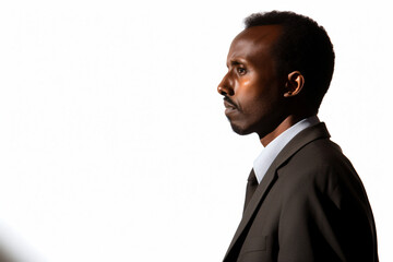 a man in a suit and tie standing in front of a white background