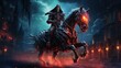 Beautiful skeleton wizard rides cyberpunk horse black night Ai generated art