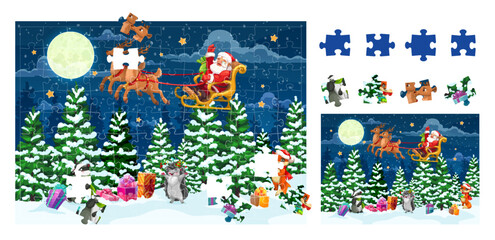 Aufkleber - Christmas jigsaw puzzle game pieces. Cartoon vector educational worksheet for preschool children with funny Santa Claus riding deer sleigh over night fantasy forest with gifts on snow and animals