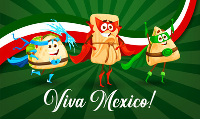 Viva Mexico banner with cartoon Tex Mex characters for Mexican holiday, vector background. Mexican cuisine food funny taco, quesadilla and tamale in superhero or guardian rangers magic costumes