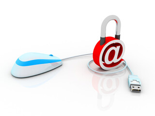 Poster - 3d rendering E-mail symbol protection lock connected mouse. Internet security concept