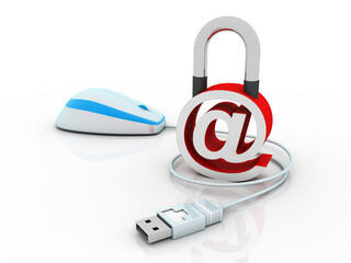 Poster - 3d rendering E-mail symbol protection lock connected mouse. Internet security concept
