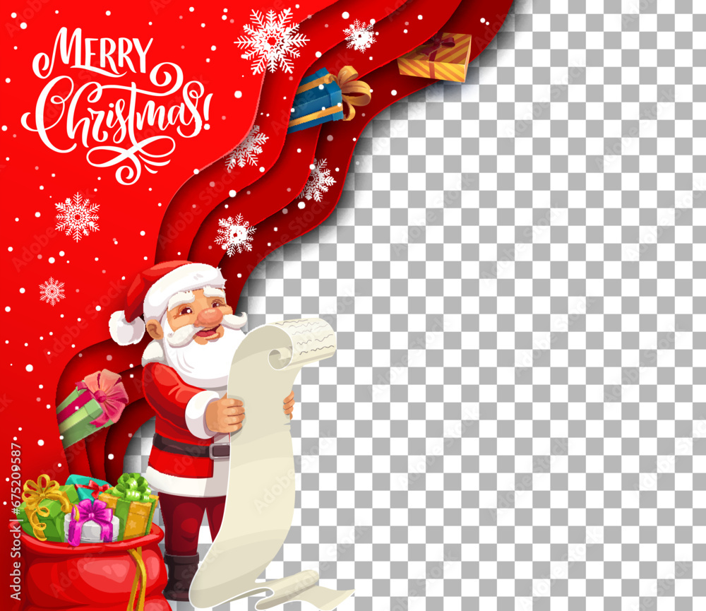 Christmas paper cut card, cartoon Santa with wish list. Vector holiday ...