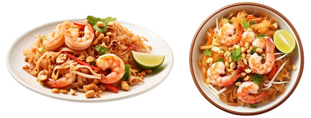 Wall Mural - Pad Thai with rice noodles, shrimp, and peanuts isolated on white background, asian food collection