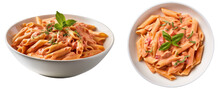 Penne Alla Vodka Pasta In A Pink Tomato Cream Sauce Isolated On White Background, Italian Food Collection