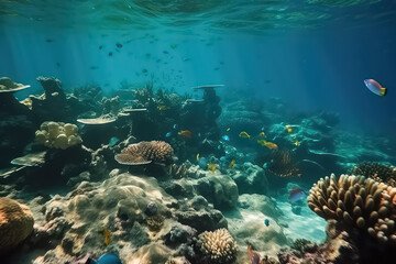 Sticker - underwater coral reef landscape background in the deep blue Maldives ocean,