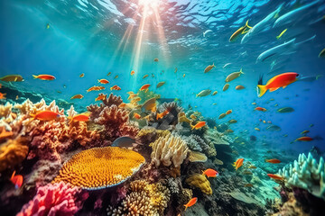 Wall Mural - underwater coral reef landscape background in the deep blue Maldives ocean,