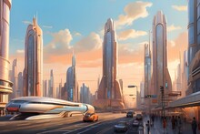 A Retro-futuristic Cityscape Unfolds, Where Sleek Metallic Skyscrapers Adorned With Antique Signage Soar Against A Vibrant Sunset. This Stunning Digital Painting Invites Viewers To A Vintage-chic Sci-