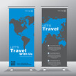 Travel business standee rollup banner design vector template, travel roll up banner, with world map as water mark