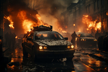 Wall Mural -  a documentary photo of revolutionary riots and protests. burning building and cars in the city. special force police with equipment catching protesters in the day time. 