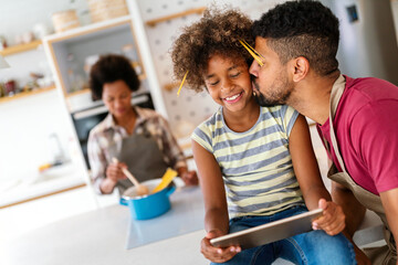 Wall Mural - African family tablet and child learning at home with happiness, development, internet connection.