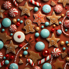 Wall Mural - Abstract background with Christmas gingerbread pieces and cookies on brown background. Square composition.