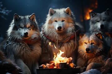 Aufkleber - A cozy scene of snow huskies and their owners gathered around a campfire in a snow-covered wilderness, sharing stories and warmth.  