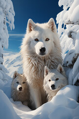 Aufkleber -  A serene photograph of snow huskies resting in a sheltered area, their breath visible in the cold air as they recharge.  
