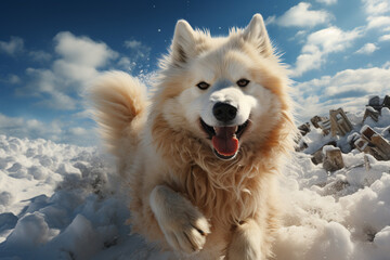 Aufkleber -  An action shot of a snow husky leaping gracefully over a snowbank, showcasing their agility and athleticism. 
