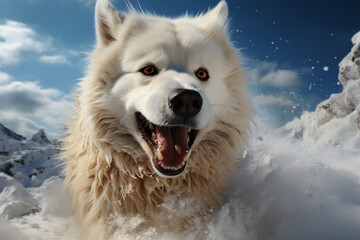 Aufkleber -  An action shot of a snow husky leaping gracefully over a snowbank, showcasing their agility and athleticism. 