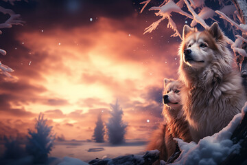 Wall Mural -  An atmospheric image of snow huskies and their handlers under a vibrant display of the Northern Lights, creating a magical scene.  