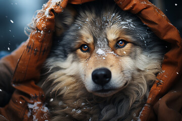 Aufkleber -  A heartwarming photograph of a snow husky cuddled up with its owner, both bundled up in warm coats against the winter chill.  
