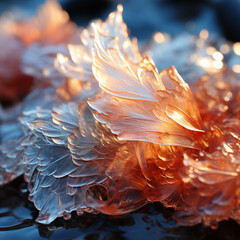 Poster -  A photograph of frost patterns illuminated by the soft morning sunlight, creating a warm contrast against the icy backdrop.  
