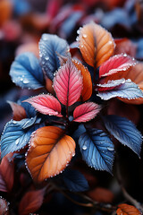 Leinwandbilder -  A close-up shot of frost forming intricate patterns on the surface of leaves and branches, showcasing nature's artistry.  