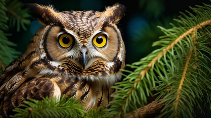 A close up of a owl sitting on a tree branch with yellow eyes and a black background with a green branch.