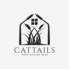 Wall Mural - cattails plant with home silhouette logo vector illustration design