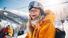 Woman Snowboarder, Skier In The Mountains, Winter Snowy Slope, Sport, Active Recreation, Lifestyle, People, Skiing, Snowboarding, Athlete, Portrait, Warm Clothes, Vacation, Travel, Nature