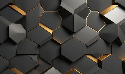 Abstract geometric seamless pattern in black color. Hexagon tiles with relief materials. 3D render, Generative AI