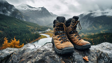 Comfortable Hiking Boots Stand On A Rock Against Background