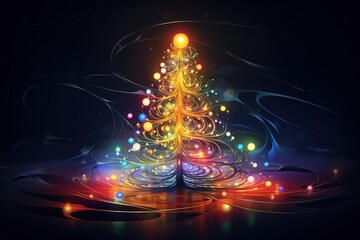 Wall Mural - Abstract neon glowing Christmas tree on a dark background. New Year holiday card.