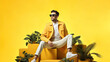 A stylish man in sunglasses and business suit sits on floral podium or pedestal  with yellow wall background. Spring fashion shopping banner mockup.