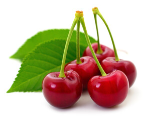 Sticker - Sweet cherries with stem and leaves.