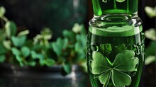 St. Patrick Day Illustration, A Glass Of Beer And Clover.St Patrick`s Day - Green Beer In Glass With Bottle And Clovers