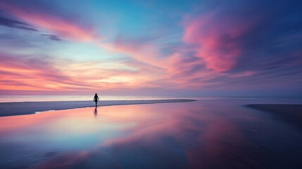 Wall Mural - A peaceful beach with a solitary figure walking along the shore at sunset, silhouetted against the colorful twilight sky, AI generated, Background image