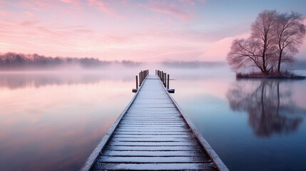 Wall Mural - A peaceful dock extending into the calm lake at sunrise, with soft pastel colors illuminating the sky and a hint of morning mist in the air, AI generated, Background image