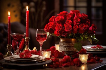 Romantic table setting with red roses, candles and glasses of wine.valentine concept